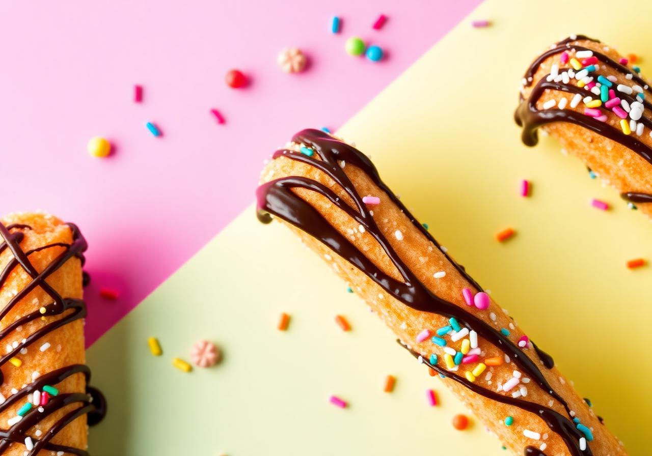 Churros gourmet com cobertura de chocolate e confeitos coloridos
